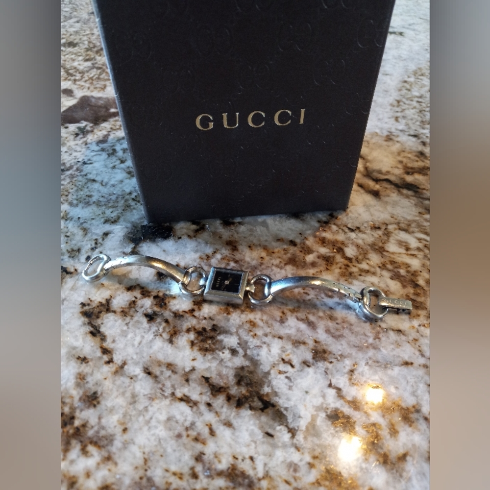 EUC GUCCI Horsebit Silver Bangle 120 Bangle Watch 18mm Women's Black X Silver - Picture 13 of 14